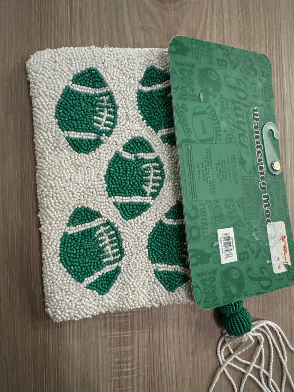 Indie Handmade Beaded White & Green Football Card Holder - Picture 5 of 9